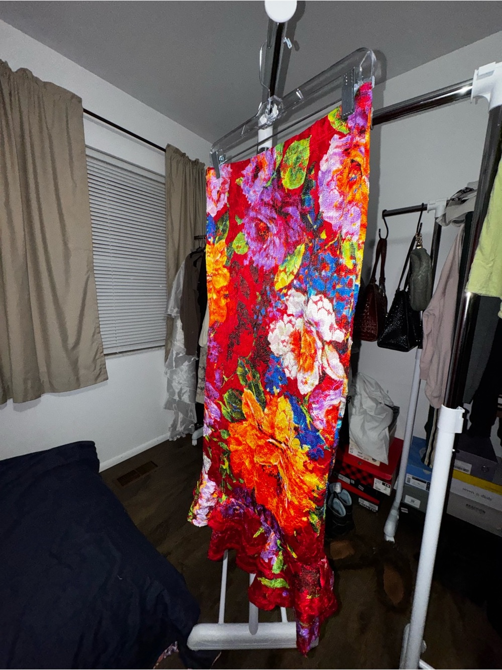 Vibrant Red Floral Satin Midi Skirt and Top